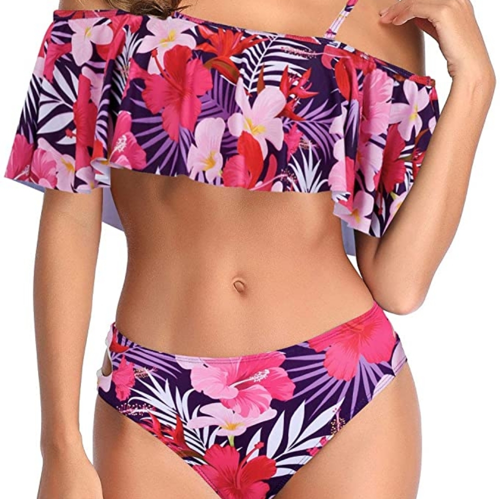 🆕️Bikini Off The Shoulder Swimsuits Flounce Top Hipster Bottom 2 Piece Set